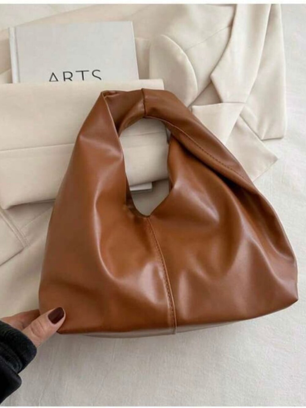Light Brown PU Leather Mini Shopper Tote - Knot Handle Minimalist